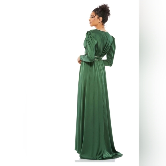 Ieena for Mac Duggal,Satin Puff  Shoulder  Gown,Emerald Green/Rhinestone,Size 10 - Picture 2 of 11